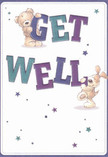 Radiating warmth and a dash of playful hope, this get well card springs to life with its central duo: a teddy bear and a spirited puppy, both sharing the task of delivering heartfelt wishes. The characters, thoughtfully painted in honeyed browns and topped with gentle smiles, interact tenderly with the oversized, jewel-toned 'Get Well' letters that anchor the design. Deep hues of indigo and teal offer a vivid contrast against the creamy background, resembling a posy of irises and anemones lovingly arranged in an East Finchley studio. Scattered starbursts in soft mauves and royals flutter around, like fragments of good wishes drifting over Martin Primary's peaceful greens. The softness evident in the bear's plush fur and the puppy's drooping ears invites thoughts of gentle embraces and nurturing care. There is a tangible sense of healing and optimism here-the same feeling one experiences on receiving a fresh bouquet delivered to their North London home. This card, with its artful ease and heartfelt imagery, is a perfect local gesture for uplifting friends or family during recovery.